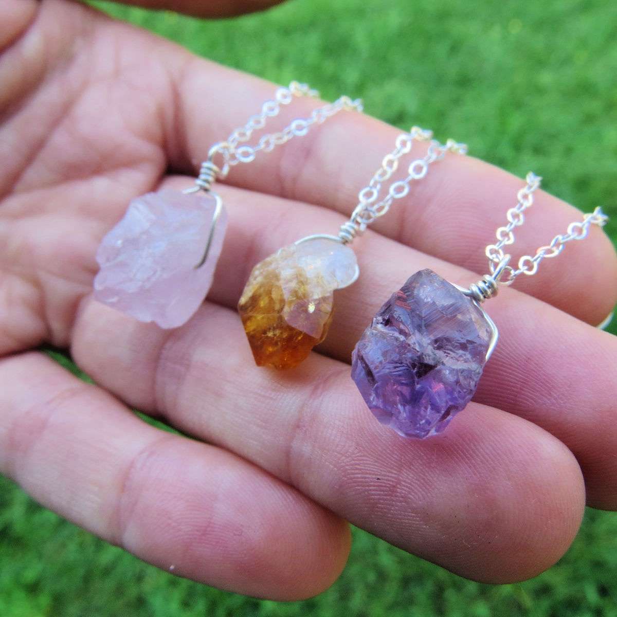 Raw Crystal Necklace in Sterling Silver | Amethyst, Rose Quartz, & Citrine