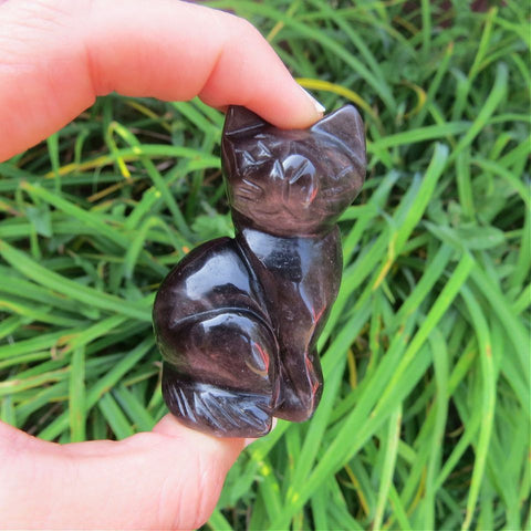 Crystal Cat Carving in Silver Sheen Obsidian - Gray Cat Figurine