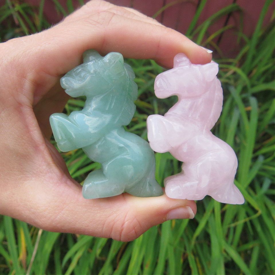 Crystal Unicorn Carving Animal Figurines in Rose Quartz and Aventurine