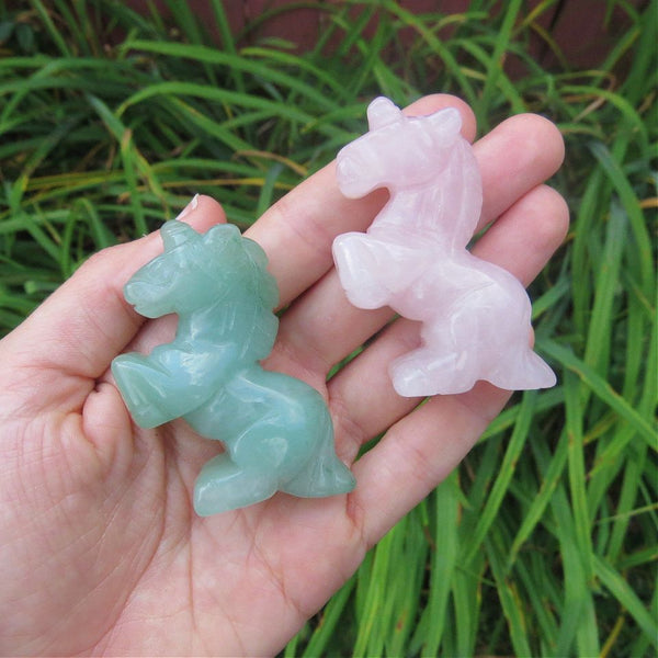 Crystal Unicorn Carvings in Rose Quartz and Aventurine