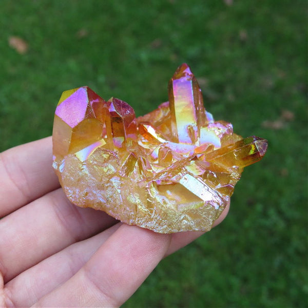 Orange Rainbow Aura Quartz Stone Cluster