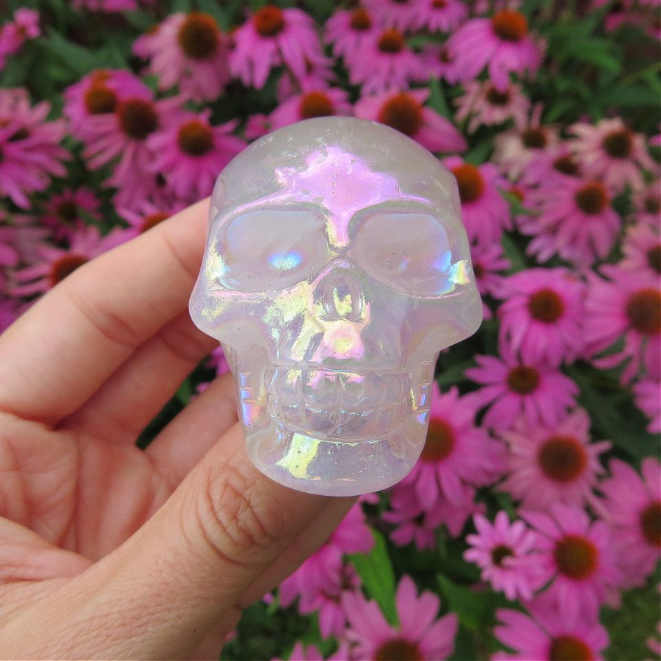 Pink Aura Quartz Crystal Skull Carving