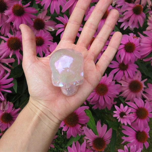 Pink Rainbow Aura Quartz Crystal Skull Carving 2"