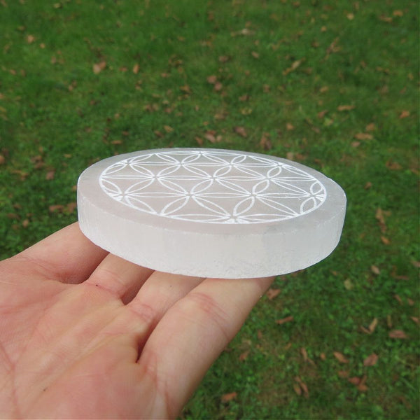 Selenite Charging Plate 3" Round Etched Flower of Life