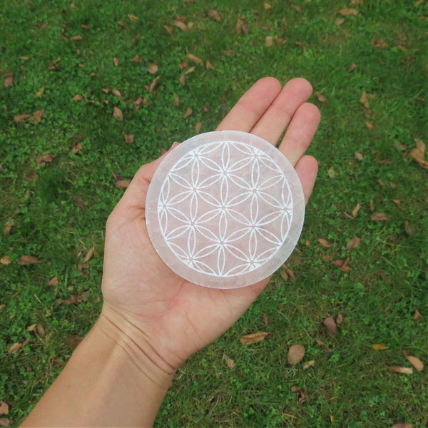 Selenite Charging Plate 3" Round Etched Flower of Life