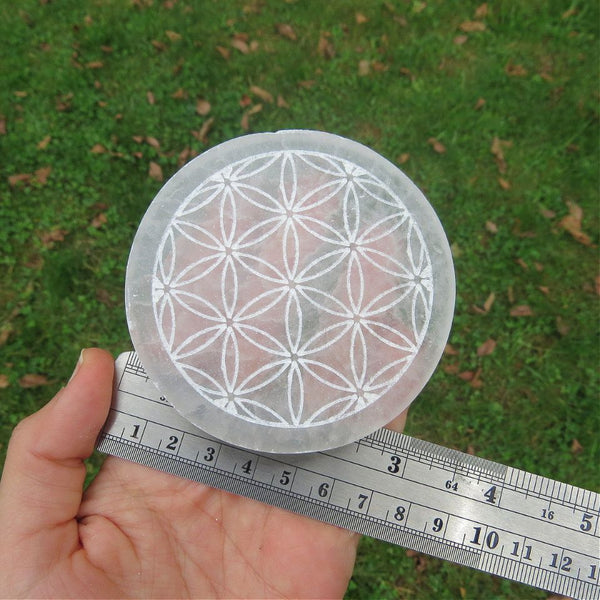 Selenite Charging Plate 3" Round Etched Flower of Life